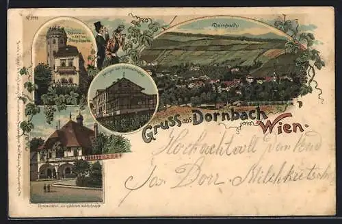 Lithographie Wien / Dornbach, Heuriger zur Himmelmutter, Restauration u. Kaffee Sängerwarte, Ortsansicht