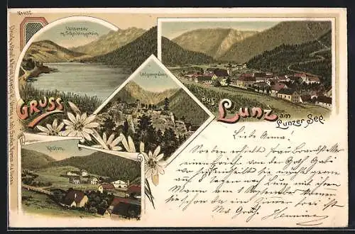 Lithographie Lunz am Lunzer See, Lechnergräben, Kasten, Ortsansicht