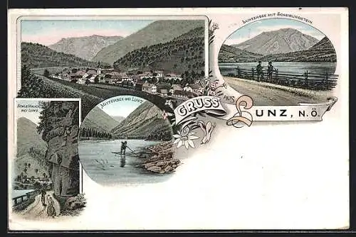Lithographie Lunz, Radfahrer bei der Hohlen Mauer, Ortsansicht, Mittersee