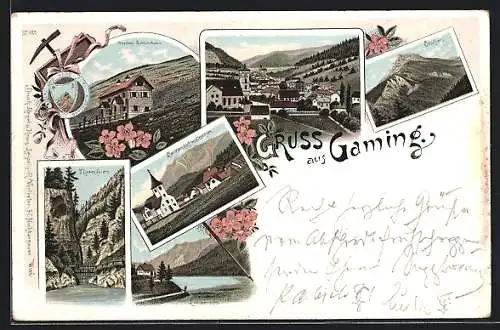 Lithographie Gaming, Lackenhof mit Ötscher, Ötscher Schutzhaus, Lunzersee