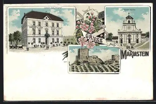 Lithographie Mariastein, Gasthof zum Jura v. Celestin Schuhmacher, Klosterkirche, Ruine Landskron