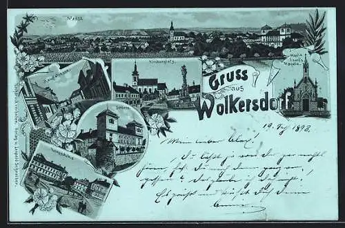 Lithographie Wolkersdorf, Volksschule, Hauptstrasse, Kirchenplatz
