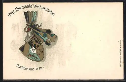 AK Weihenstephan, Studentenwappen des Corps Germania mit Motto Furchtlos und treu!