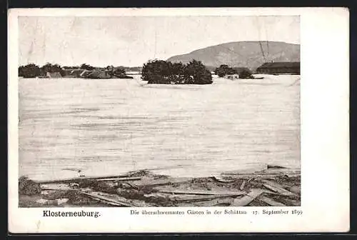 AK Klosterneuburg, Die überschwemmten Gärten in der Schüttau 1899