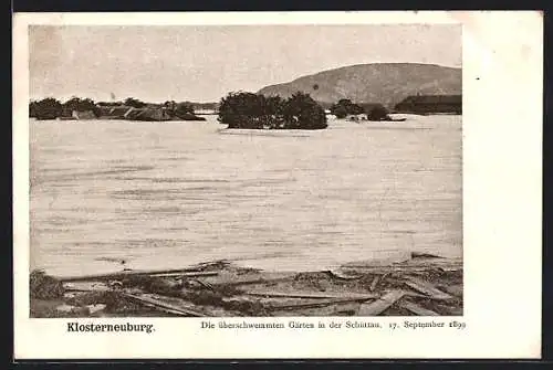 AK Klosterneuburg, Überschwemmte Gärten in der Schüttau 1899