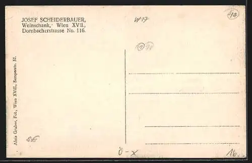 AK Wien, Josef Scheiderbauer`s Weinschank mit Terrasse, Kirche, Pferdekutsche