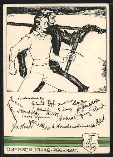Künstler-AK Regensburg, Absolvia Oberrealschule 1940, Ritter in Rüstung und Absolvent mit Schwert