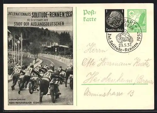AK Stuttgart, Internationales Solitude-Rennen 1937, NSKK-Motorradbrigade Südwest, Ganzsache