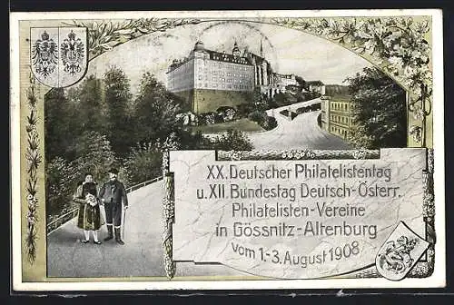 AK Gössnitz-Altenburg, XX. Deutscher Philatelistentag 1908, Schloss, Wappen, Ganzsache