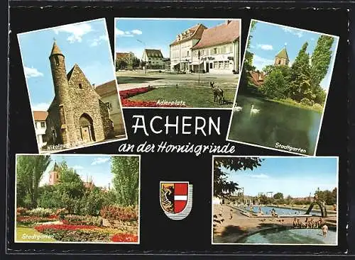 AK Achern an der Hornisgrinde, Nikolauskapelle, Adlerplatz, Stadtgarten, Schwimmbad