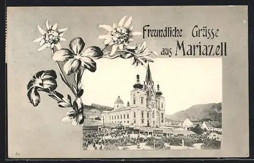 AK Mariazell, Teilansicht mit Wallfahrtskirche