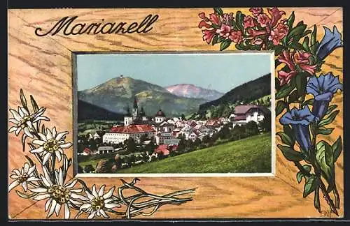 AK Mariazell, Panorama mit Kirche, Passepartout