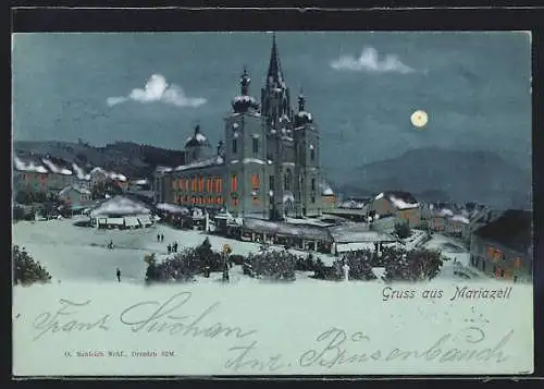 Mondschein-AK Mariazell, Teilansicht mit Blick zur Wallfahrtskirche