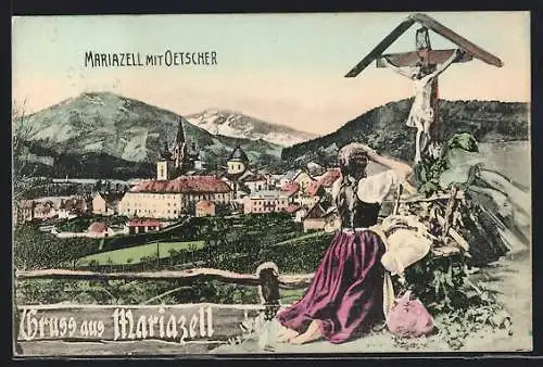 AK Mariazell, Teilansicht mit Oetscher, Frau kniet vor dem Flurkreuz