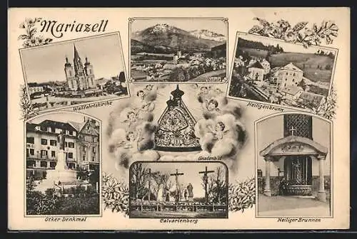 AK Mariazell, Wallfahrtskirche, Otker-Denkmal, Totalansicht, Gnadenbild, Heiligenbrunn, Heiliger Brunnen, Calvarienberg