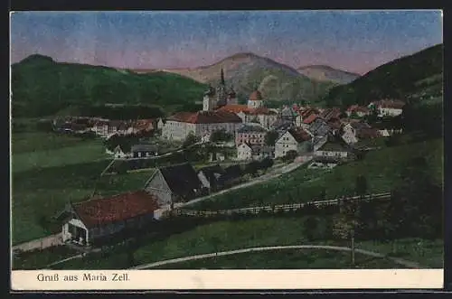 Luna-AK Mariazell, Ortsansicht vom Hügel aus