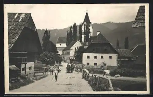 AK Pöls, Strassenpartie mit Kirche