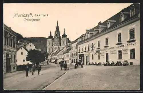 AK Mariazell, Grazergasse, Strassenpartie mit Gasthof zur gold. Kanone