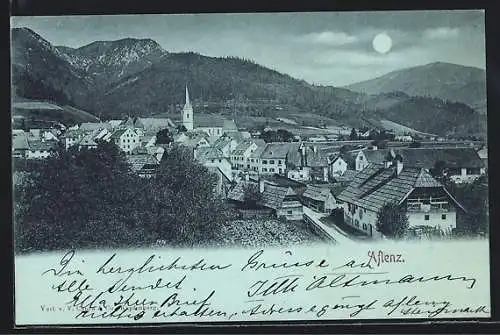 Mondschein-AK Aflenz, Ortsansicht aus der Vogelschau