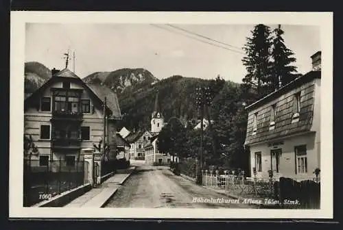 AK Aflenz, Strassenpartie mit Cafè-Konditorei und Blick zur Kirche
