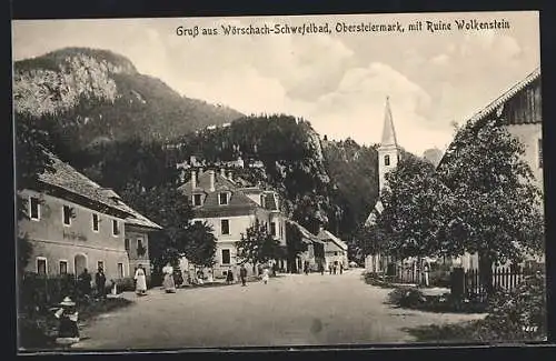 AK Wörschach, Strassenpartie mit Ruine Wolkenstein