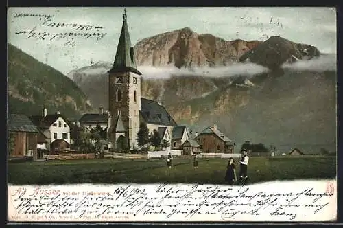 AK Alt Aussee, Ortspartie mit Kirche, Panoramablick auf Berge