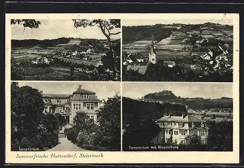 AK Hatzendorf, zwei Ortsansichten und Sanatorium mit Riegersburg
