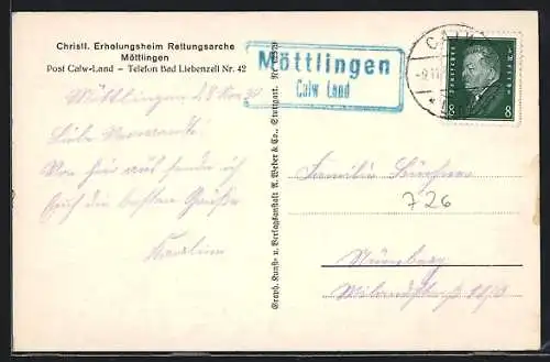 AK Landpoststempel Möttlingen /Calw Land