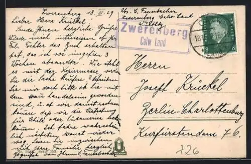 AK Landpoststempel Zwerenberg /Calw Land