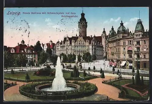 AK Leipzig, Neues Rathaus mit Schmuckplatz vor dem Reichsgericht, Brunnen