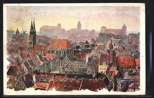 Künstler-AK Nürnberg, Ortsansicht aus der Vogelschau