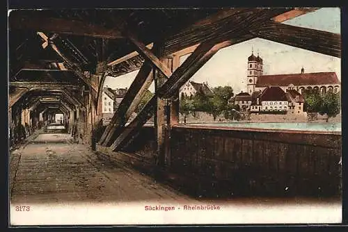 AK Säckingen, Partie auf der Rheinbrücke