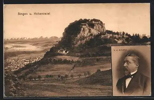 AK Singen, Hohentwiel mit Sicht auf Bodensee