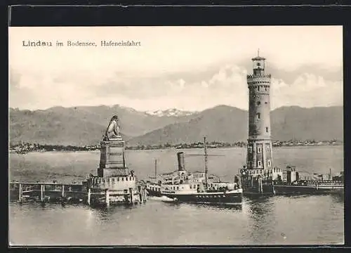 AK Lindau im Bodensee, Hafeneinfahrt mit Dampfer