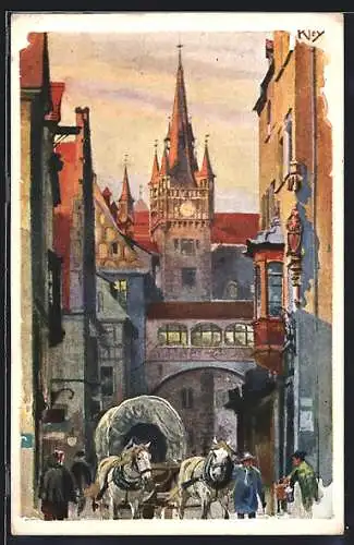 Künstler-AK Heinrich Kley: Nürnberg, Kutsche in der Rathausgasse