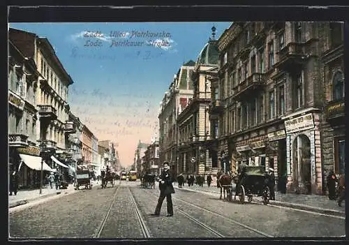 AK Lodz, Reger Betrieb mit Strassenbahnen an der Petrikauer Strasse