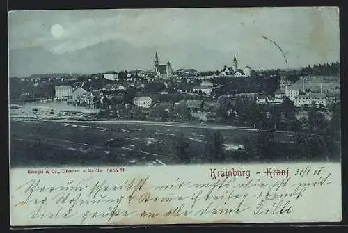 Mondschein-AK Krainburg, Blick von der Küste auf die Ortschaft mit der Kirche