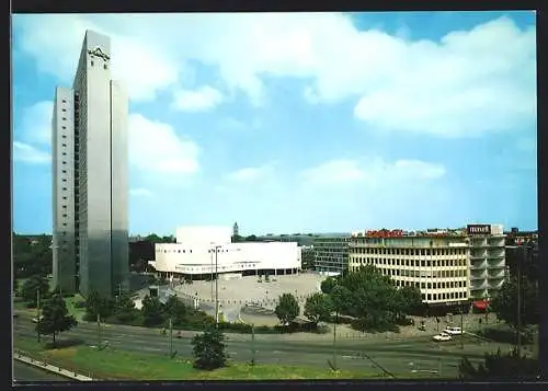 AK Düsseldorf /Rh., Dreischeiben-Hochhaus und Schauspielhaus