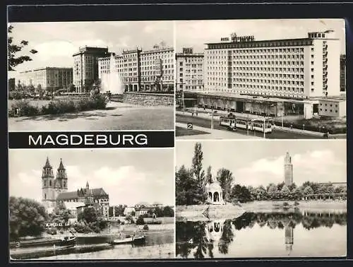 AK Magdeburg, Wilhelm-Pieck-Allee, Interhotel International, Der Dom, Kulturpark Rotehorn