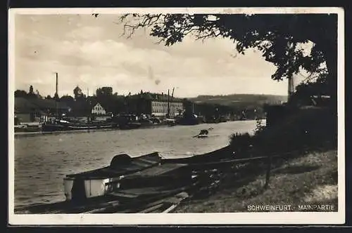 AK Schweinfurt, Mainpartie, Boote, Lastkähne, Dampfer am Ufer