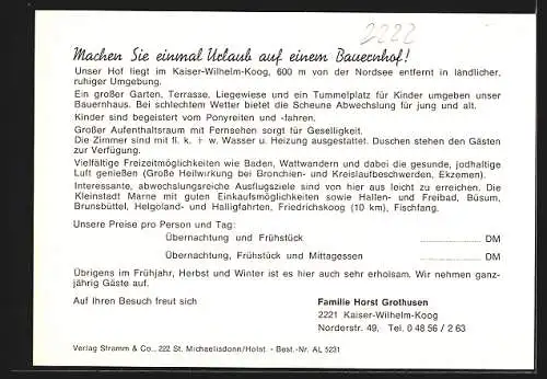 AK Kaiser-Wilhelm-Koog, Bauernhof der Familie Horst Grothusen, Innenansichten und Garten, Norderstr. 49