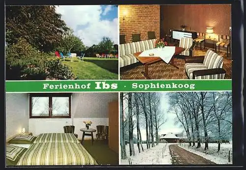 AK Kronprinzenkoog, Bauern- und Ferienhof Renate Ibs mit Innenansichten und Winterszene, Nordseestr. 1