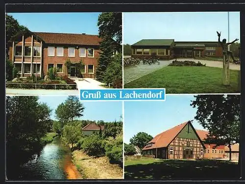 AK Lachendorf /Lüneburger Heide, Flusspartie, Schulgebäude, Scheune
