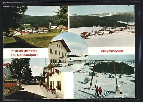 AK Herzogsreut /Bayer. Wald, Ortsansicht in Sommer und Winter, Skilift, Strassenpartie