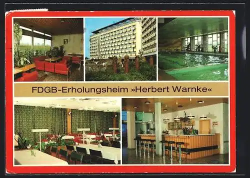 AK Klink /Waren, FDGB-Erholungsheim Hebert Warnke, Empfangshalle, Schwimmhalle, Restaurant, Hallenbar