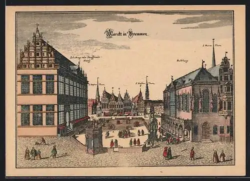 Künstler-AK Bremen, Alte Ansicht von Markt und Rathaus nach Merian
