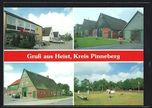 AK Heist /Pinneberg, Spar-Lebensmittelmarkt, Pferdekoppel, Scheune