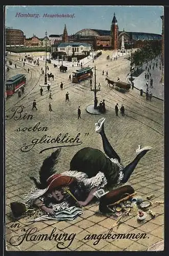 AK Hamburg, Strassenbahnen vor dem Hauptbahnhof, Reisende liegt auf der Strasse