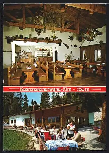 AK Bischofswiesen bei Berchtesgaden, Gasthaus Kastensteinerwand-Alm, Innenansicht und Terrasse