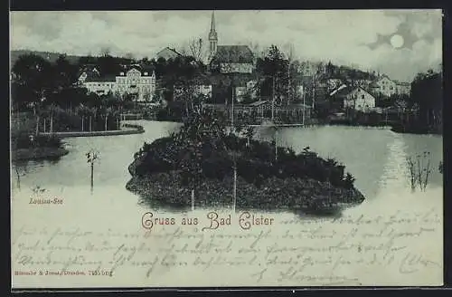 AK Bad Elster, Blick über den Louisa-See zum Ort